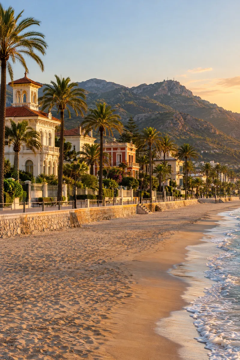 Paseo de las Villas de Benicàssim con palmeras junto a la playa